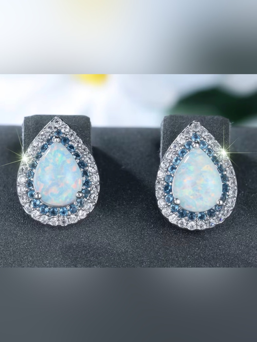 Opal Teardrop Halo Earrings - White Opal and Blue Accents